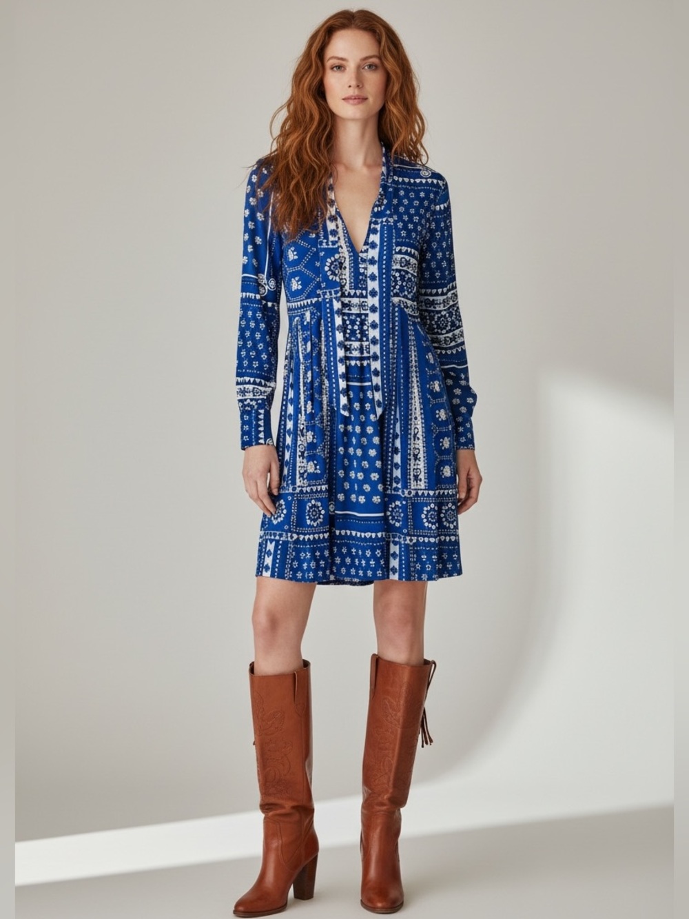 Zara Blue and White Scarf Print Tie Neck Mini Dress | S